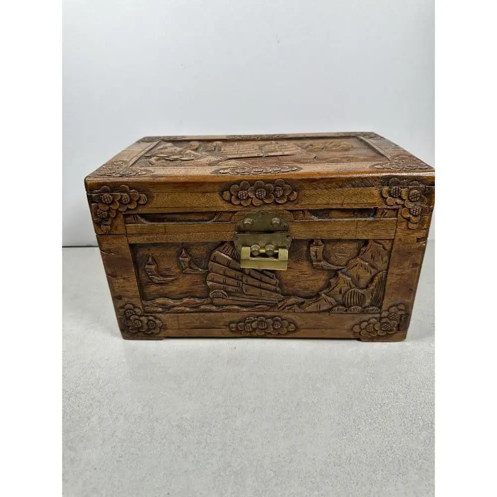 VTG Chinese Handcarved Wooden Trinket Jewelry Box Brass Pin Latch Scenic Decor